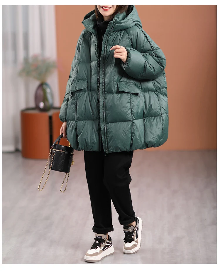 Schinteon Women White Duck Down Jacket with Hood Autumn Winter Warm Outwear Casual Loose Over Size Outwear Thick Coat 2026 New
