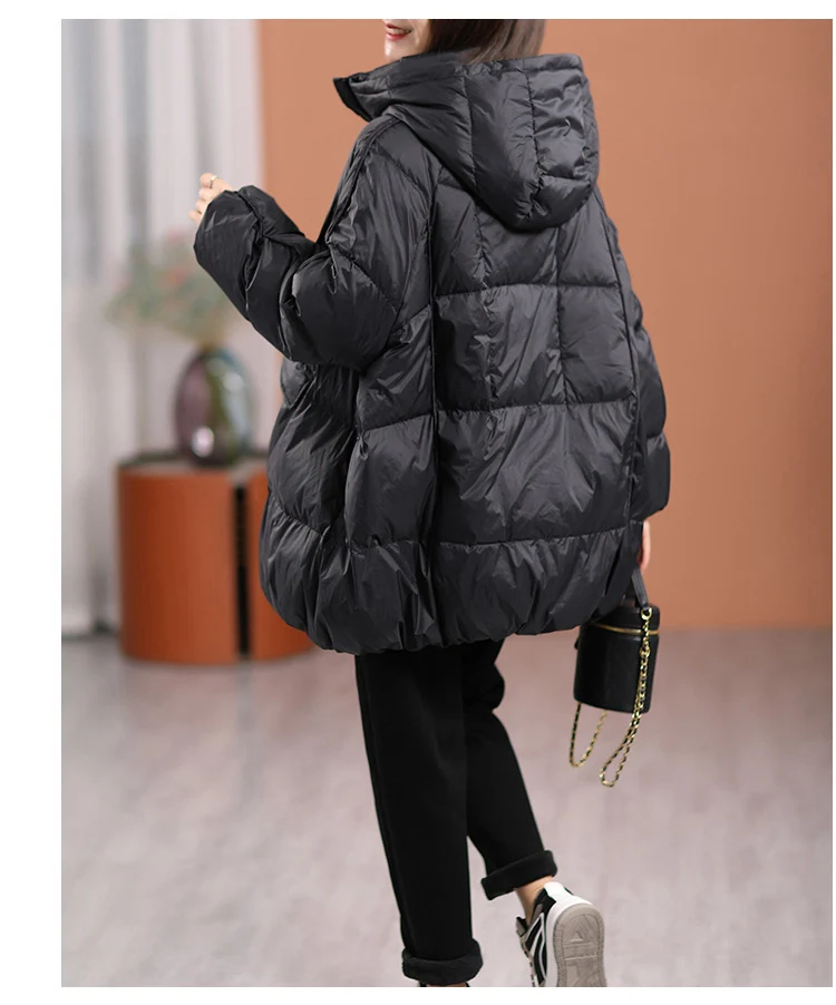 Schinteon Women White Duck Down Jacket with Hood Autumn Winter Warm Outwear Casual Loose Over Size Outwear Thick Coat 2026 New