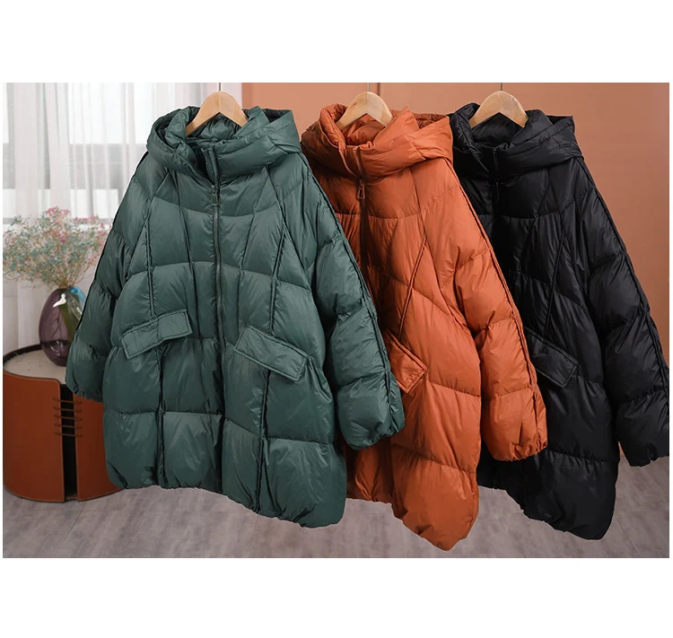 Schinteon Women White Duck Down Jacket with Hood Autumn Winter Warm Outwear Casual Loose Over Size Outwear Thick Coat 2026 New