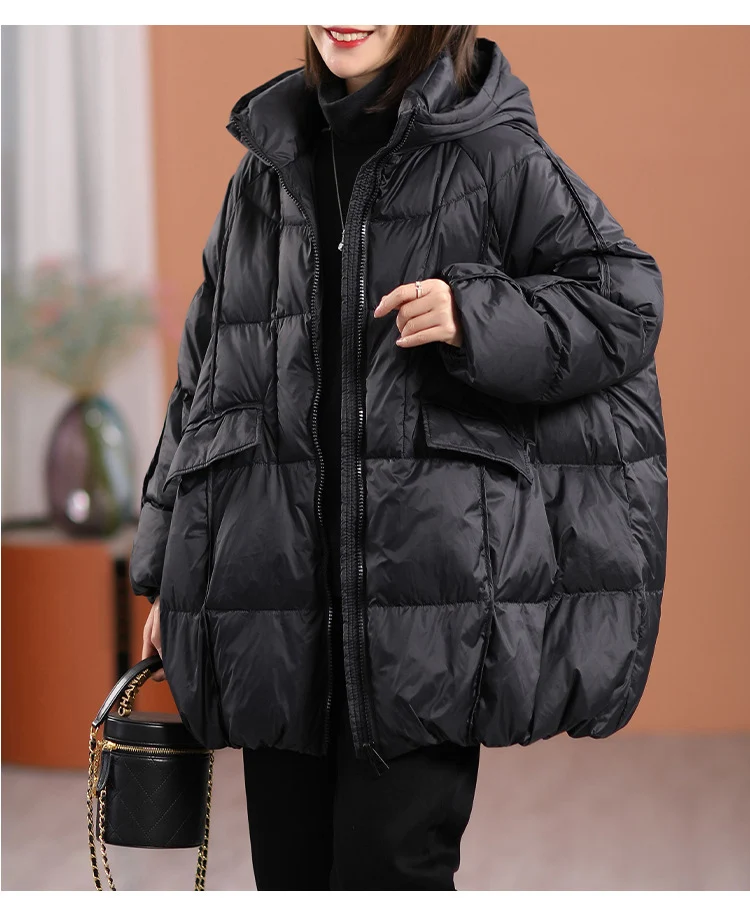 Schinteon Women White Duck Down Jacket with Hood Autumn Winter Warm Outwear Casual Loose Over Size Outwear Thick Coat 2026 New