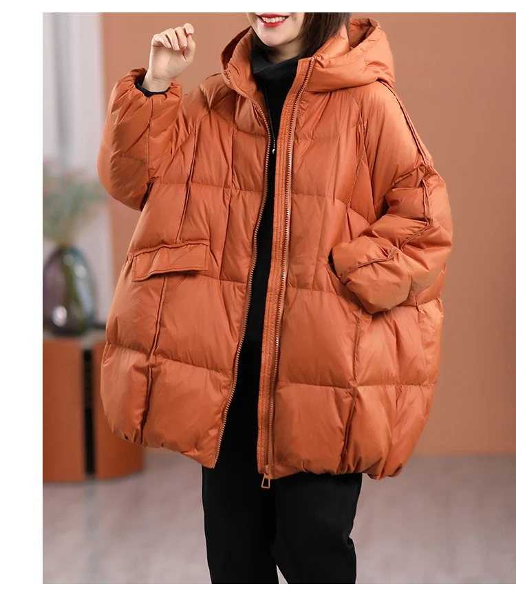 Schinteon Women White Duck Down Jacket with Hood Autumn Winter Warm Outwear Casual Loose Over Size Outwear Thick Coat 2026 New