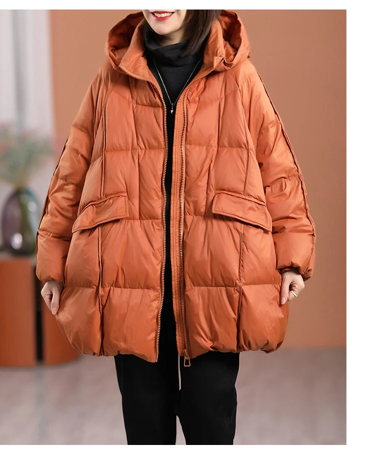 Schinteon Women White Duck Down Jacket with Hood Autumn Winter Warm Outwear Casual Loose Over Size Outwear Thick Coat 2026 New