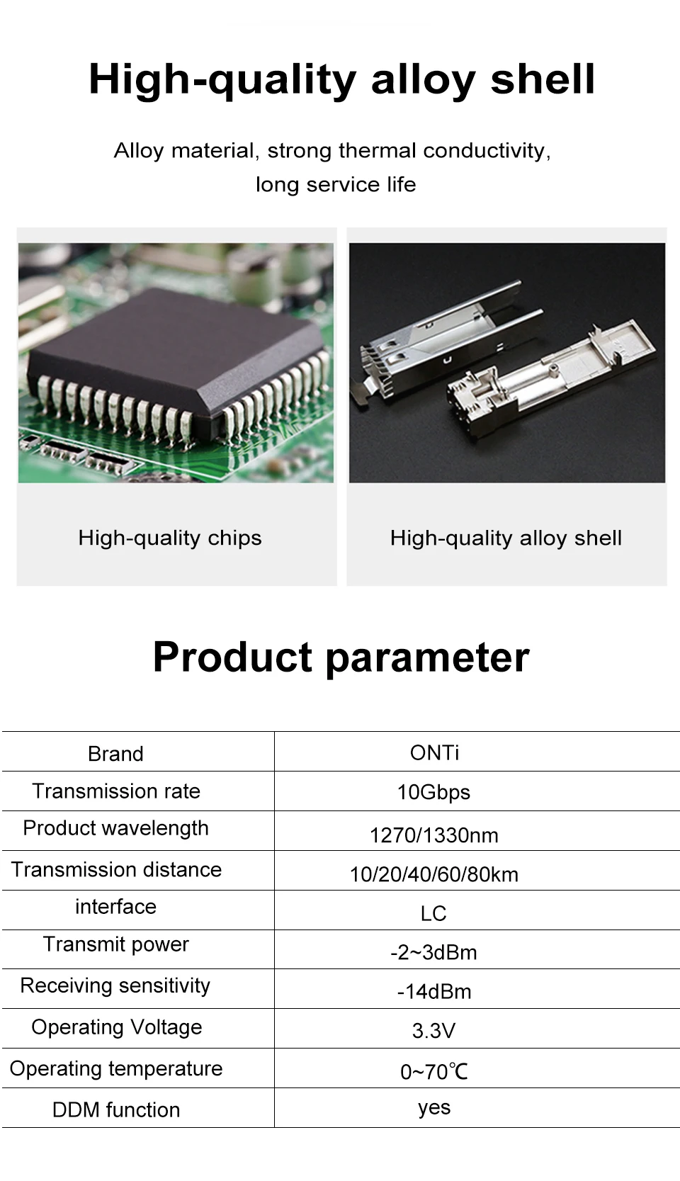 ONTi 10G BIDI SM LC WDM SFP+ Module 1270/1330nm Single Mode 10-80KM Fiber Optic Module Compatible with Cisco Switch