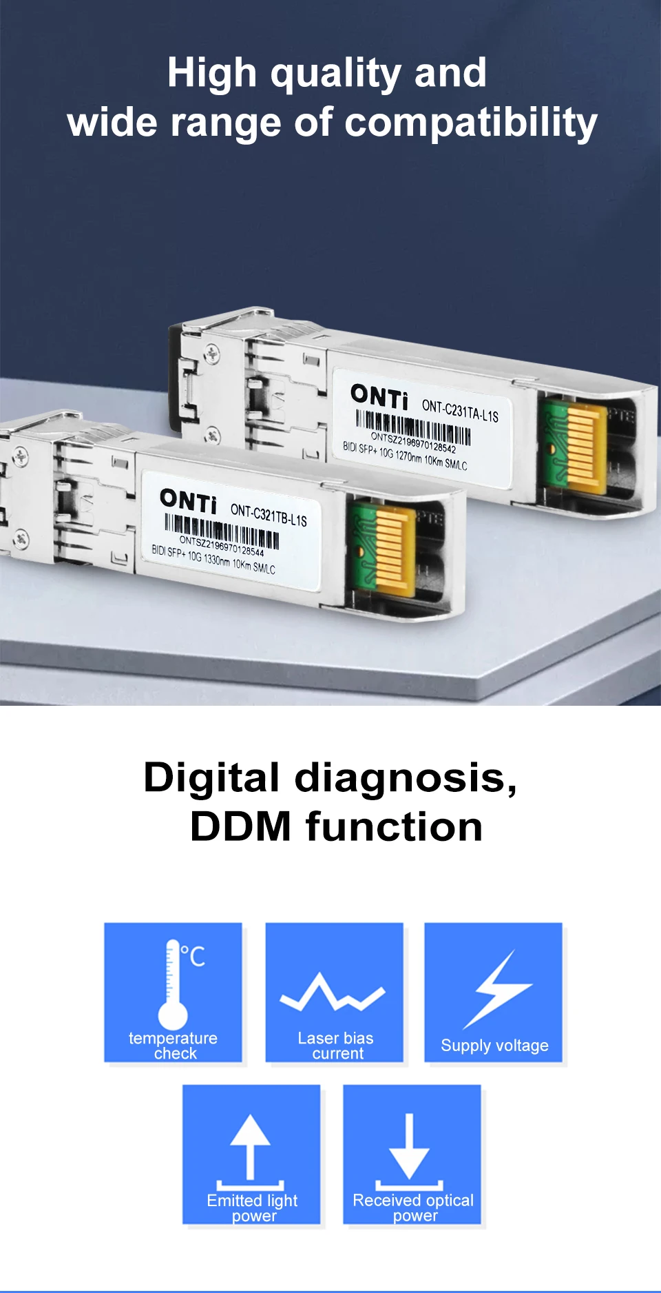 ONTi 10G BIDI SM LC WDM SFP+ Module 1270/1330nm Single Mode 10-80KM Fiber Optic Module Compatible with Cisco Switch