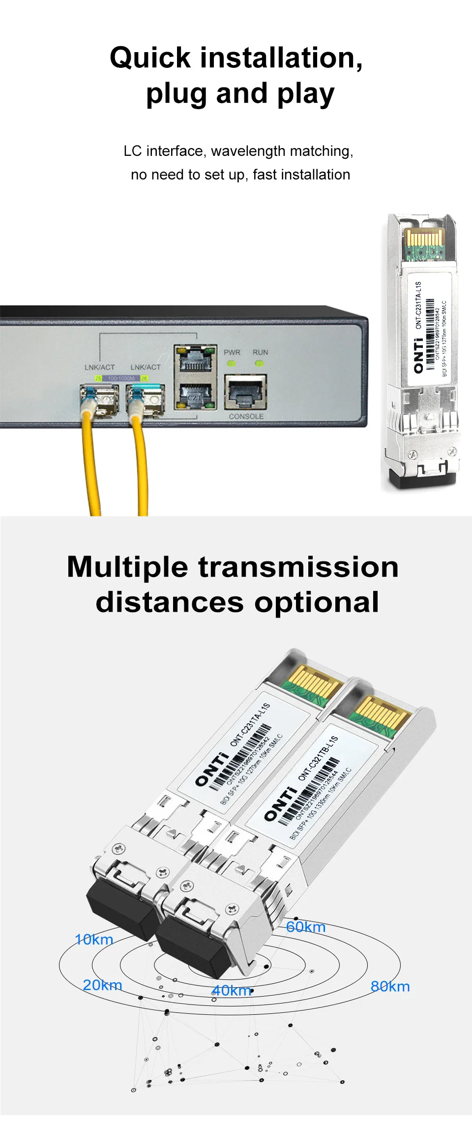ONTi 10G BIDI SM LC WDM SFP+ Module 1270/1330nm Single Mode 10-80KM Fiber Optic Module Compatible with Cisco Switch