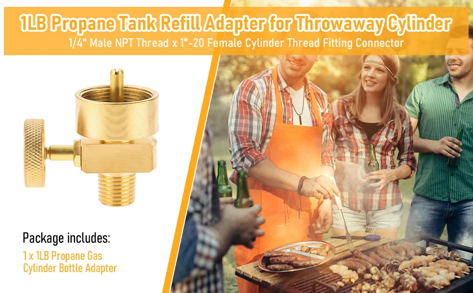 Solid Brass 1LB Propane Gas Disposal Cylinder Bottle Adapter Valve +1/4"NPT Male & M8*1 Female Thread Grill Fire Pit Stove BBQ
