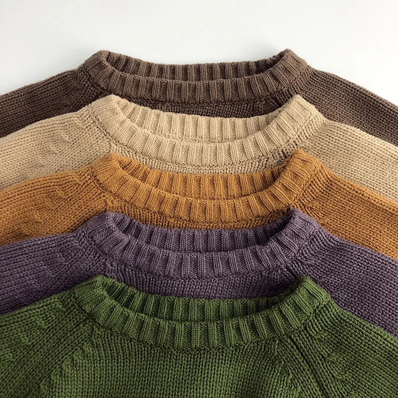 2026 Spring New Pure Cotton Solid Kids Sweaters Vintage Boys Pullover Knitwear for 1-7 Years Toddler Girls Sweater Shirt Outwear