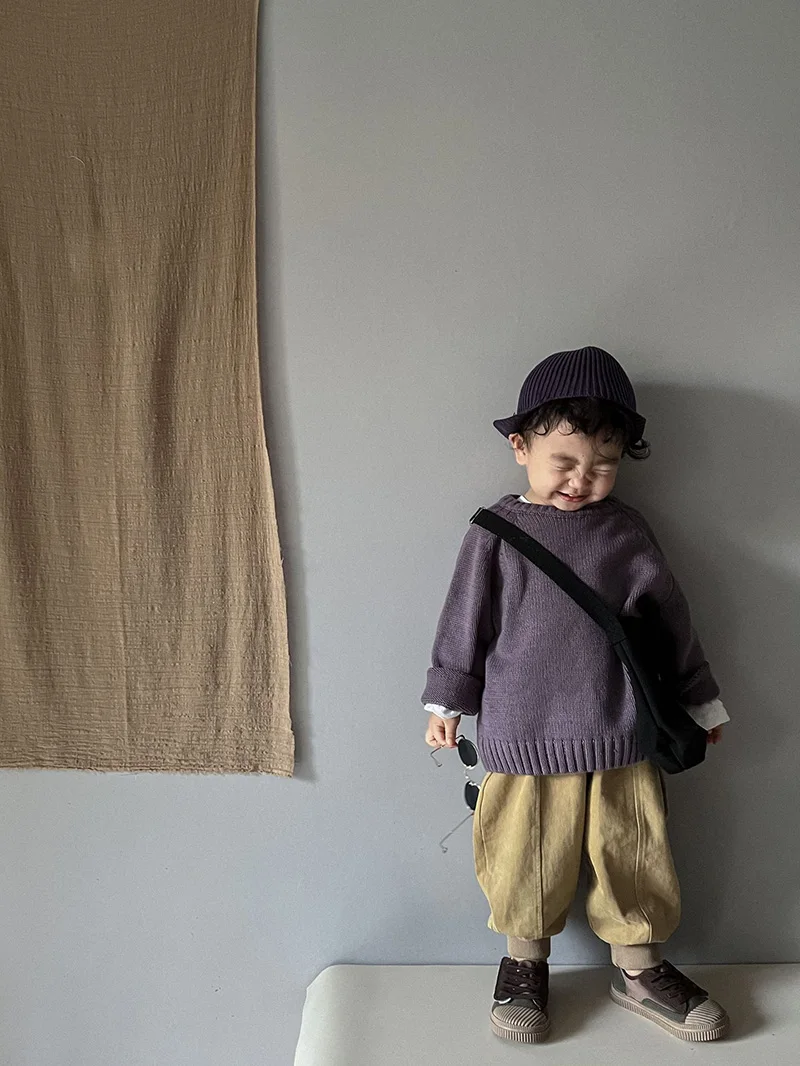 2026 Spring New Pure Cotton Solid Kids Sweaters Vintage Boys Pullover Knitwear for 1-7 Years Toddler Girls Sweater Shirt Outwear