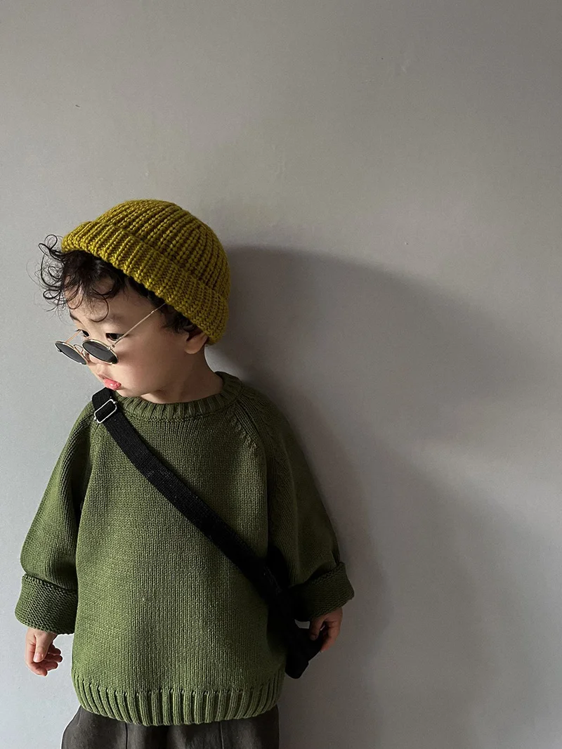 2026 Spring New Pure Cotton Solid Kids Sweaters Vintage Boys Pullover Knitwear for 1-7 Years Toddler Girls Sweater Shirt Outwear