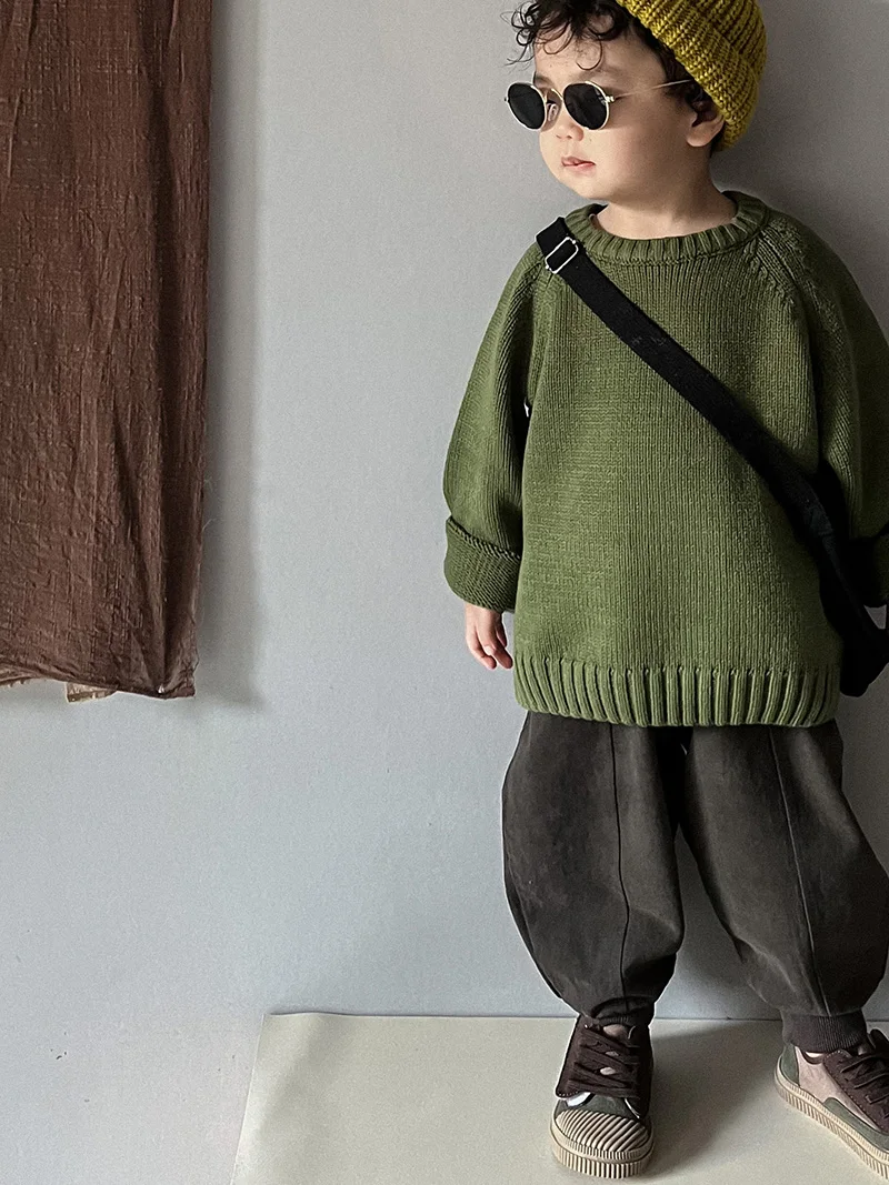 2026 Spring New Pure Cotton Solid Kids Sweaters Vintage Boys Pullover Knitwear for 1-7 Years Toddler Girls Sweater Shirt Outwear