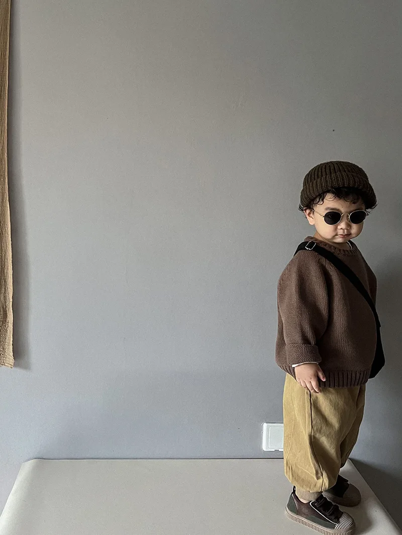 2026 Spring New Pure Cotton Solid Kids Sweaters Vintage Boys Pullover Knitwear for 1-7 Years Toddler Girls Sweater Shirt Outwear