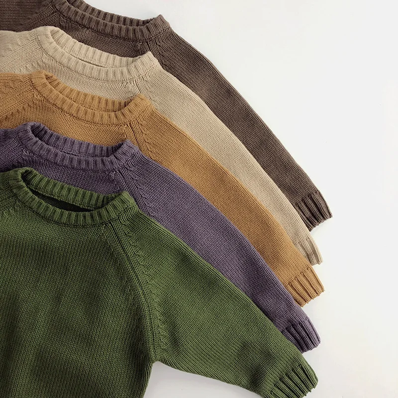 2026 Spring New Pure Cotton Solid Kids Sweaters Vintage Boys Pullover Knitwear for 1-7 Years Toddler Girls Sweater Shirt Outwear
