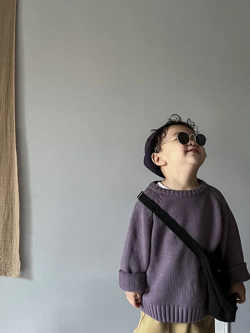2026 Spring New Pure Cotton Solid Kids Sweaters Vintage Boys Pullover Knitwear for 1-7 Years Toddler Girls Sweater Shirt Outwear