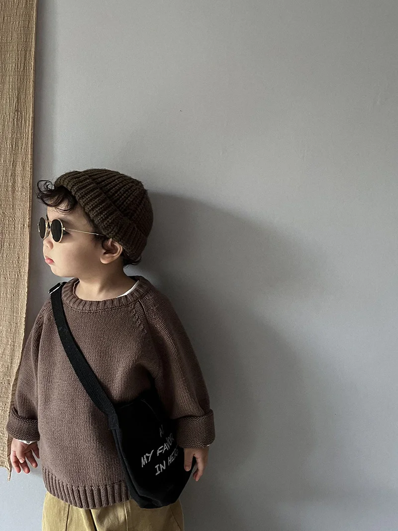 2026 Spring New Pure Cotton Solid Kids Sweaters Vintage Boys Pullover Knitwear for 1-7 Years Toddler Girls Sweater Shirt Outwear