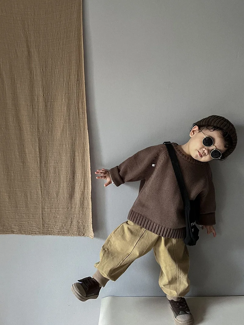 2026 Spring New Pure Cotton Solid Kids Sweaters Vintage Boys Pullover Knitwear for 1-7 Years Toddler Girls Sweater Shirt Outwear