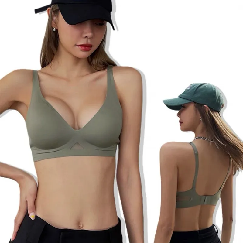 V-neck Push-Up Bras For Women Non-wire Bra Seamless Underwear Invisible Padded Bralette Breathable Mesh Patchwork Lingerie S-XL