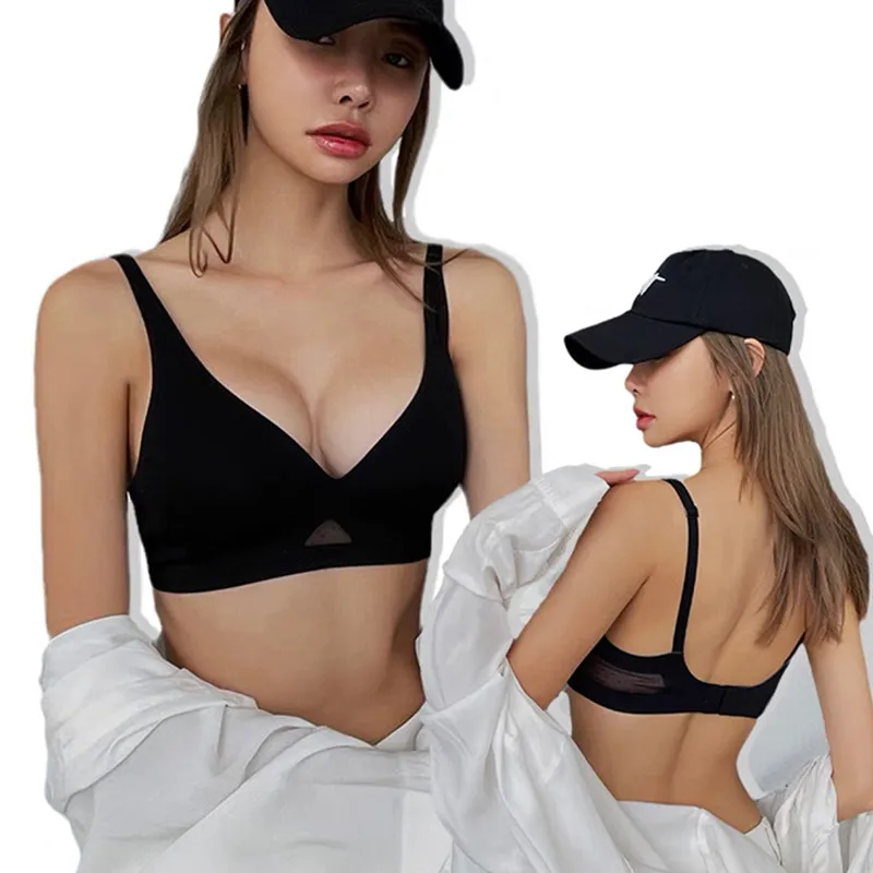 V-neck Push-Up Bras For Women Non-wire Bra Seamless Underwear Invisible Padded Bralette Breathable Mesh Patchwork Lingerie S-XL