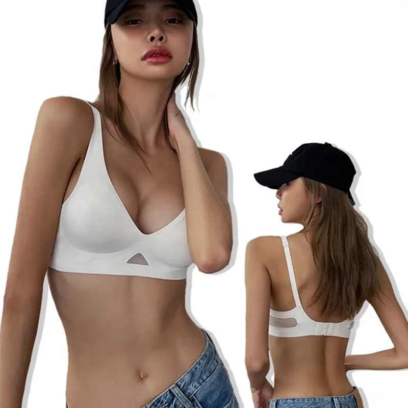V-neck Push-Up Bras For Women Non-wire Bra Seamless Underwear Invisible Padded Bralette Breathable Mesh Patchwork Lingerie S-XL