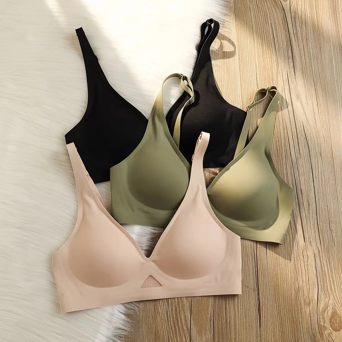 V-neck Push-Up Bras For Women Non-wire Bra Seamless Underwear Invisible Padded Bralette Breathable Mesh Patchwork Lingerie S-XL