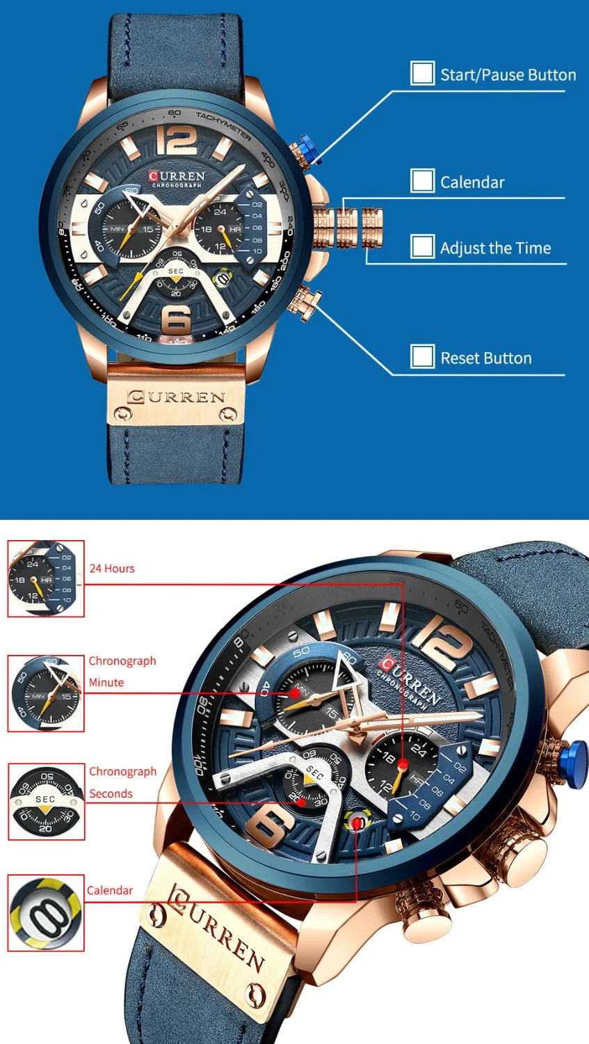 CURREN Casual Sport Watches for Men Top Brand Luxury Military Leather Wrist Watch Man Clock Fashion Chronograph Wristwatch