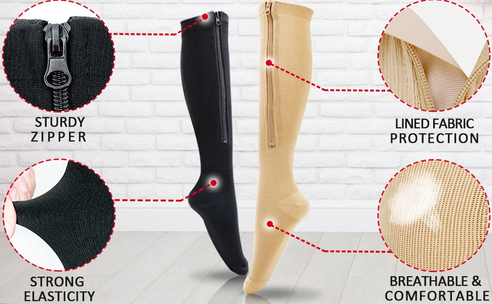 Brothock Medical Zipper Compression Socks Women Men High Elasticity Nylon Closed Toe Pressure Stocking for Edema Varicose Veins