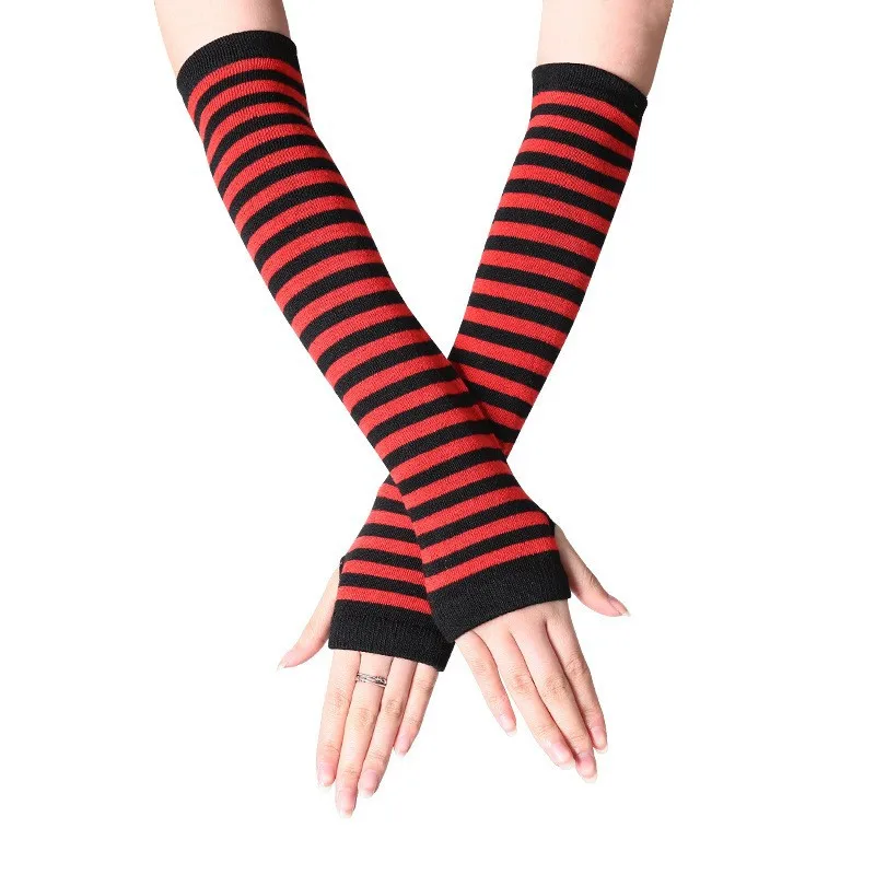 Unisex Long Fingerless Gloves Gloves Arm Cover Striped Cotton Wrist Sleeves Arm Warmer Sleeve Knitted Gloves Womens Fingerless