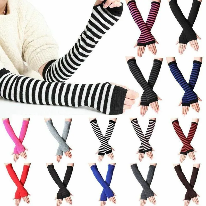 Unisex Long Fingerless Gloves Gloves Arm Cover Striped Cotton Wrist Sleeves Arm Warmer Sleeve Knitted Gloves Womens Fingerless