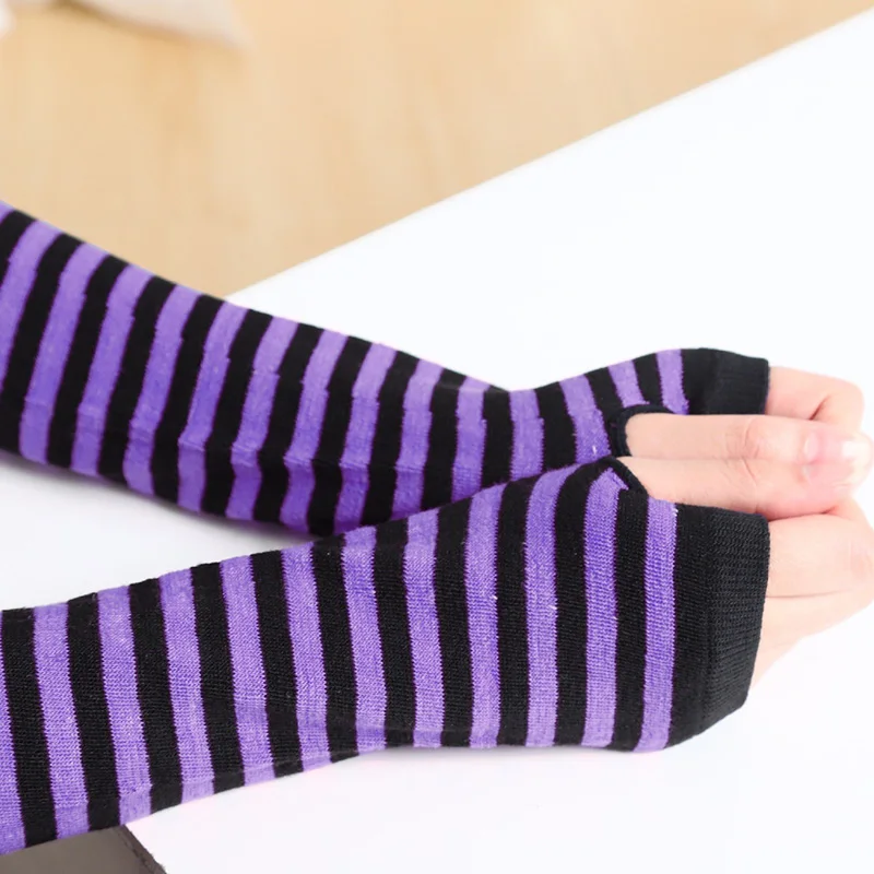 Unisex Long Fingerless Gloves Gloves Arm Cover Striped Cotton Wrist Sleeves Arm Warmer Sleeve Knitted Gloves Womens Fingerless