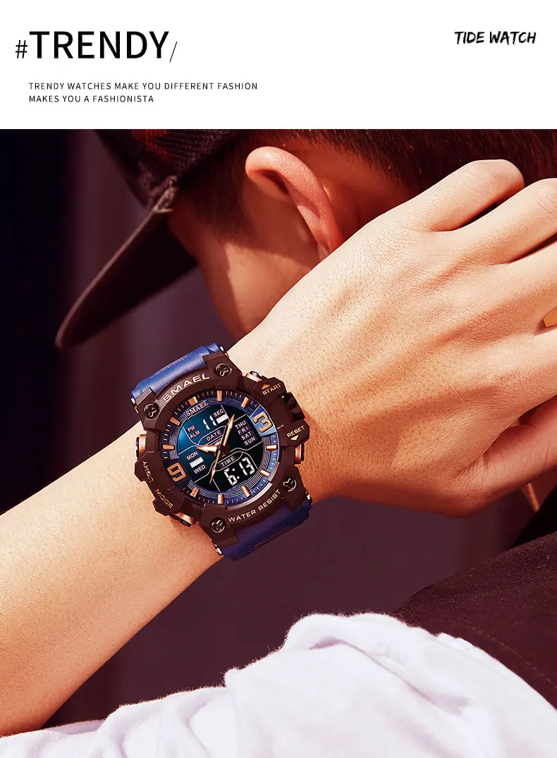 SMAEL 8049 Watch Sport LED Light Alarm Clock Dual Time Display WaterproofWeek Auto Date Wristwatches Quartz