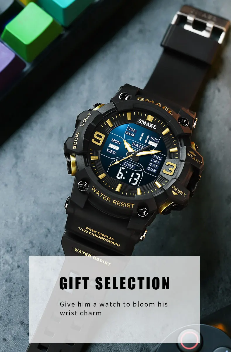 SMAEL 8049 Watch Sport LED Light Alarm Clock Dual Time Display WaterproofWeek Auto Date Wristwatches Quartz