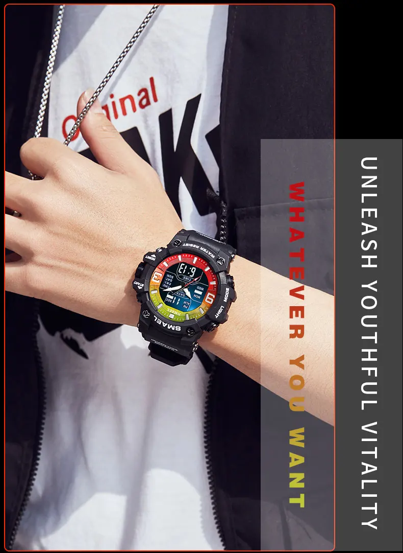 SMAEL 8049 Watch Sport LED Light Alarm Clock Dual Time Display WaterproofWeek Auto Date Wristwatches Quartz