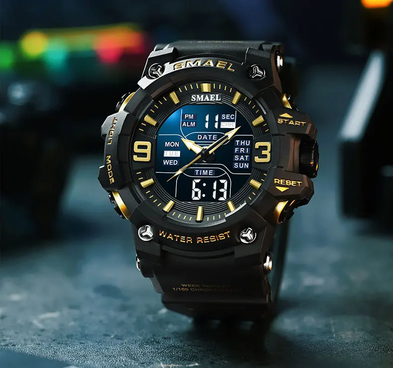 SMAEL 8049 Watch Sport LED Light Alarm Clock Dual Time Display WaterproofWeek Auto Date Wristwatches Quartz
