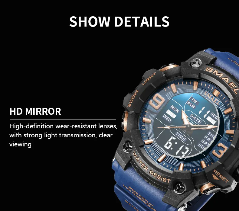 SMAEL 8049 Watch Sport LED Light Alarm Clock Dual Time Display WaterproofWeek Auto Date Wristwatches Quartz