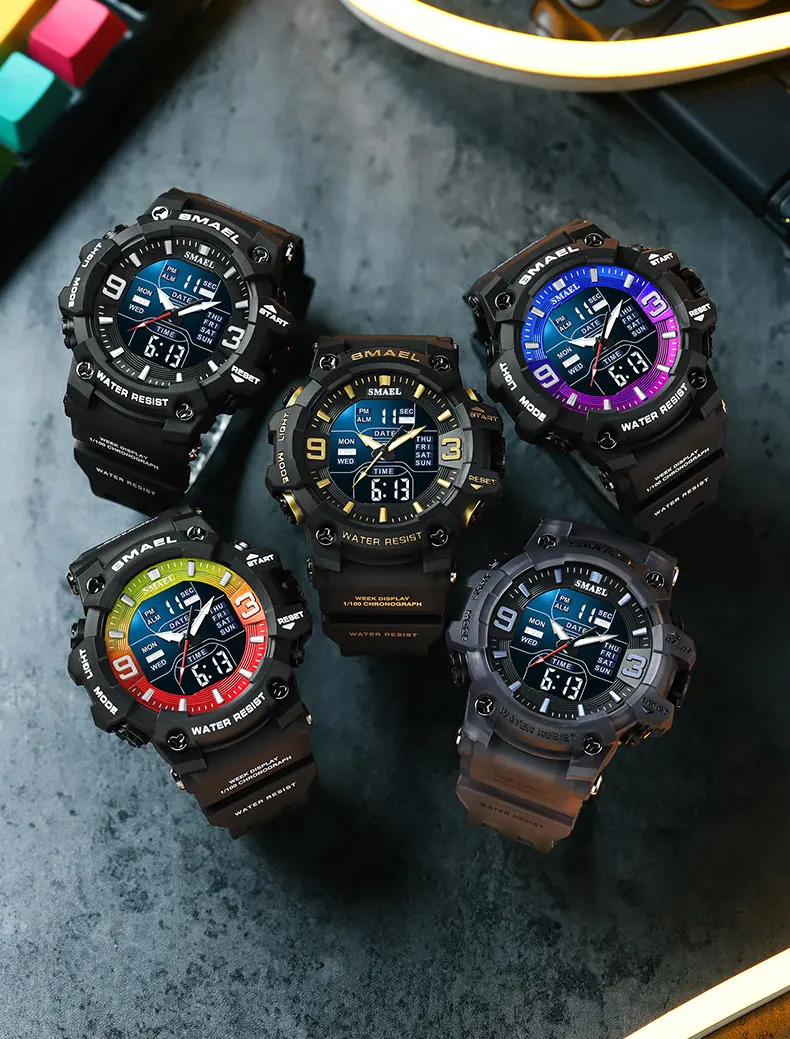 SMAEL 8049 Watch Sport LED Light Alarm Clock Dual Time Display WaterproofWeek Auto Date Wristwatches Quartz