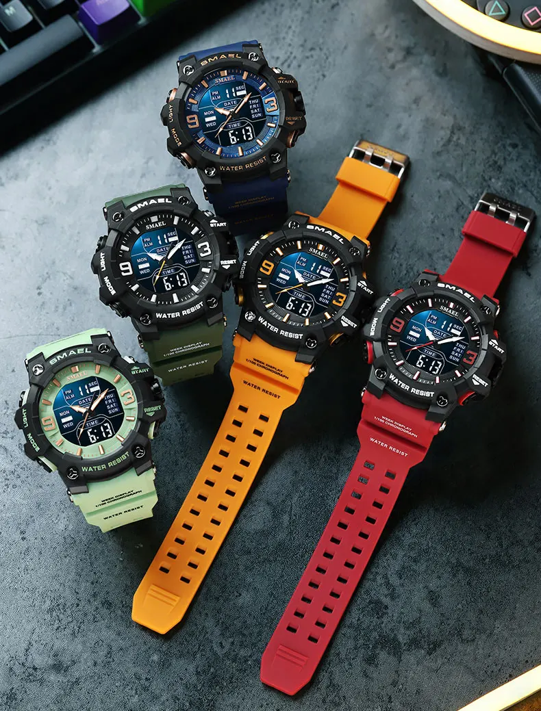 SMAEL 8049 Watch Sport LED Light Alarm Clock Dual Time Display WaterproofWeek Auto Date Wristwatches Quartz
