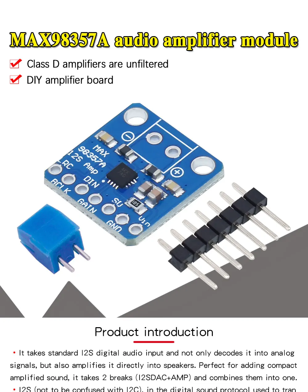 High Quality MAX98357 MAX98357A I2S 3W Class D Amplifier Breakout Interface I2S DAC Decoder for Audio