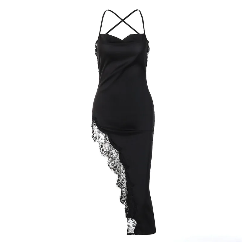 Sexy Lace Party Club Backless Bodycon Stain Black Straps Midi Dress 2022 Summer Clothes Wholesale Items For Resale