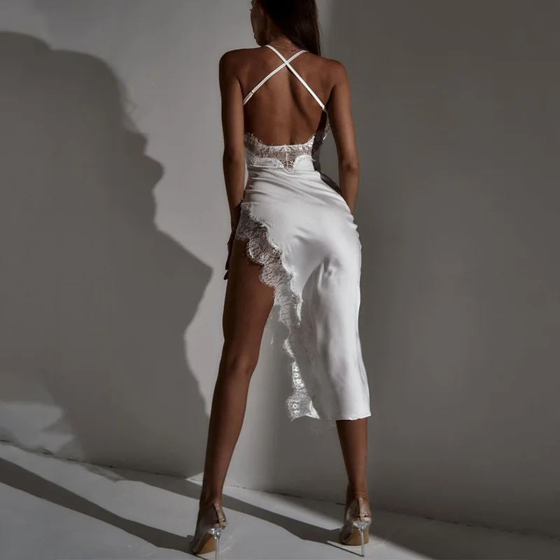 Sexy Lace Party Club Backless Bodycon Stain Black Straps Midi Dress 2022 Summer Clothes Wholesale Items For Resale
