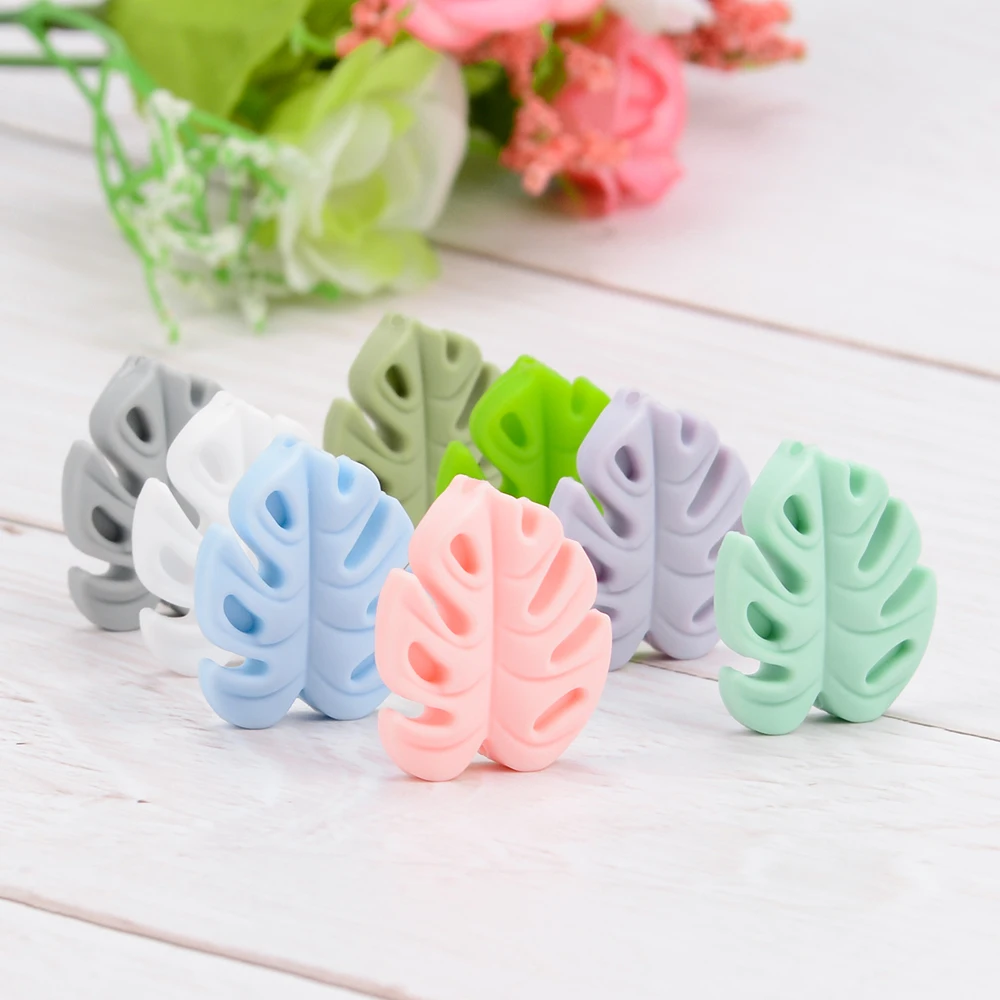 LOFCA 30pcs Silicone Monstera Beads Cartoon Leaf BPA Free Silicone Teether Baby Accessories Toys DIY Necklace Pacifier Chain