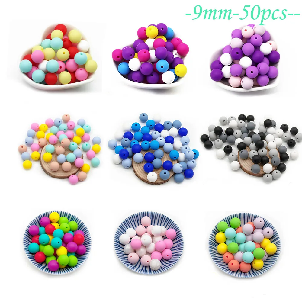 Cute-Idea 50Pcs Silicone Beads 9mm Baby Chewable Rounds Pearl Teether Infants Pacifier Pendant Toys Accessories Baby Products