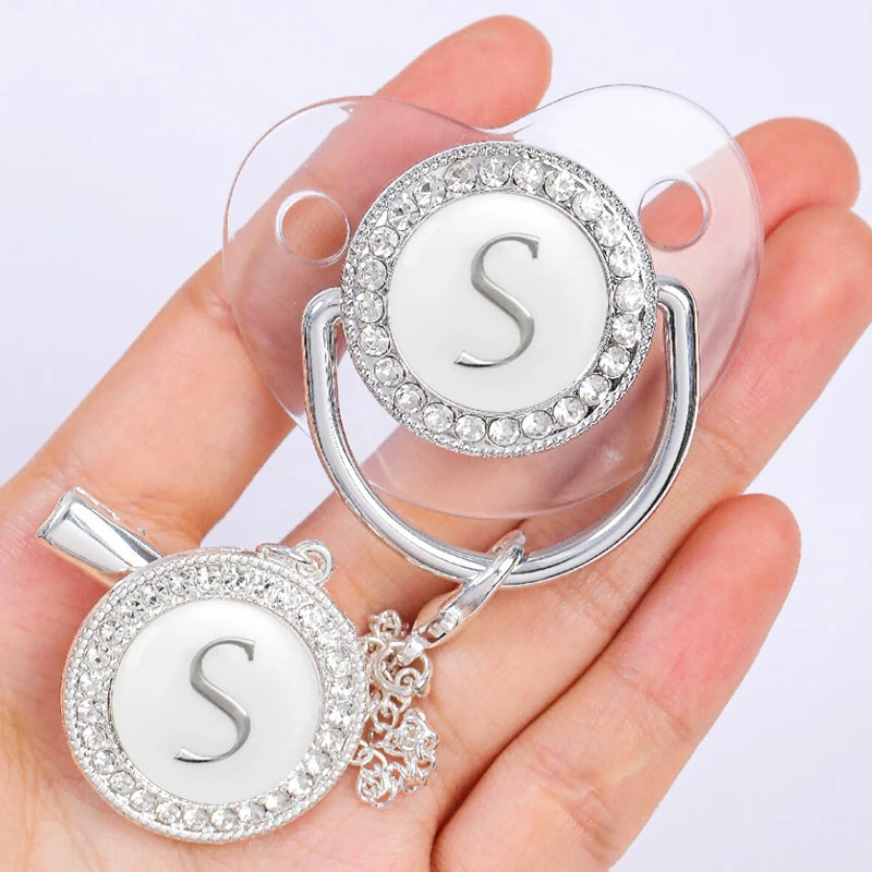Newborn Baby Personalized Pacifier Clips Luxury Pacifiers Holder Letter Silver Bling Infant Transparent Silicone Nipple BPA Free