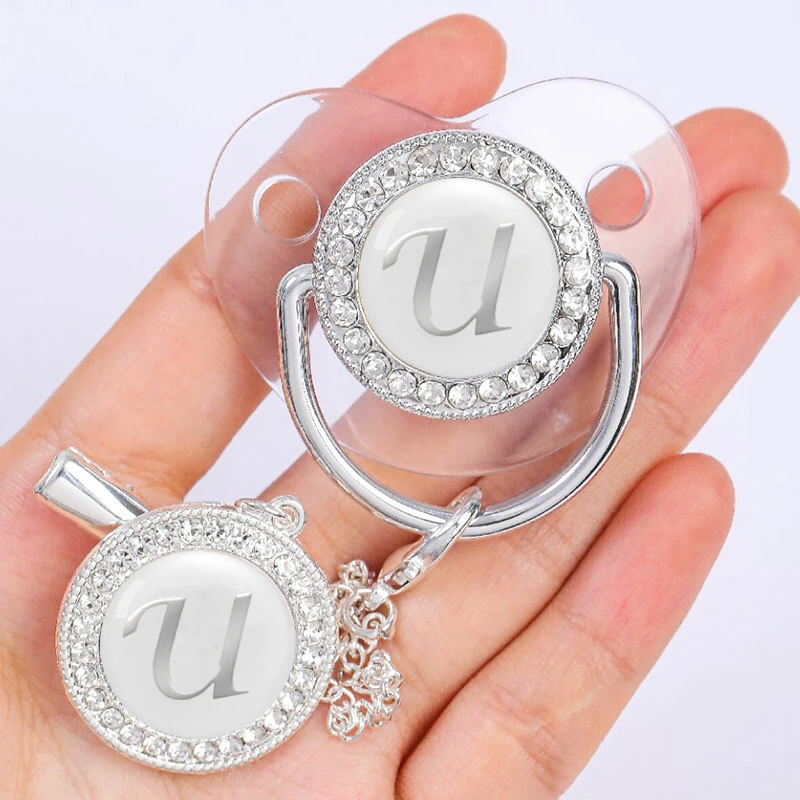 Newborn Baby Personalized Pacifier Clips Luxury Pacifiers Holder Letter Silver Bling Infant Transparent Silicone Nipple BPA Free