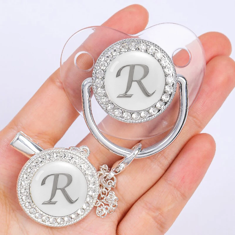 Newborn Baby Personalized Pacifier Clips Luxury Pacifiers Holder Letter Silver Bling Infant Transparent Silicone Nipple BPA Free
