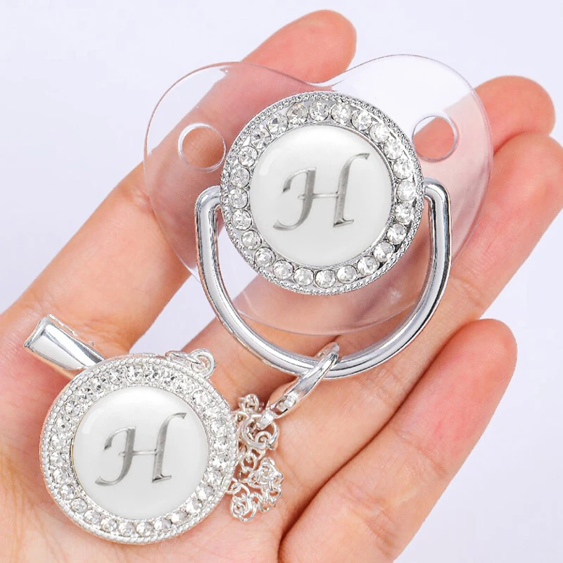 Newborn Baby Personalized Pacifier Clips Luxury Pacifiers Holder Letter Silver Bling Infant Transparent Silicone Nipple BPA Free