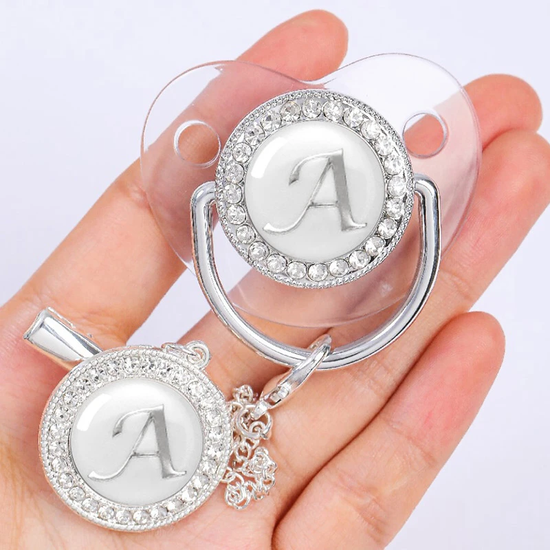 Newborn Baby Personalized Pacifier Clips Luxury Pacifiers Holder Letter Silver Bling Infant Transparent Silicone Nipple BPA Free