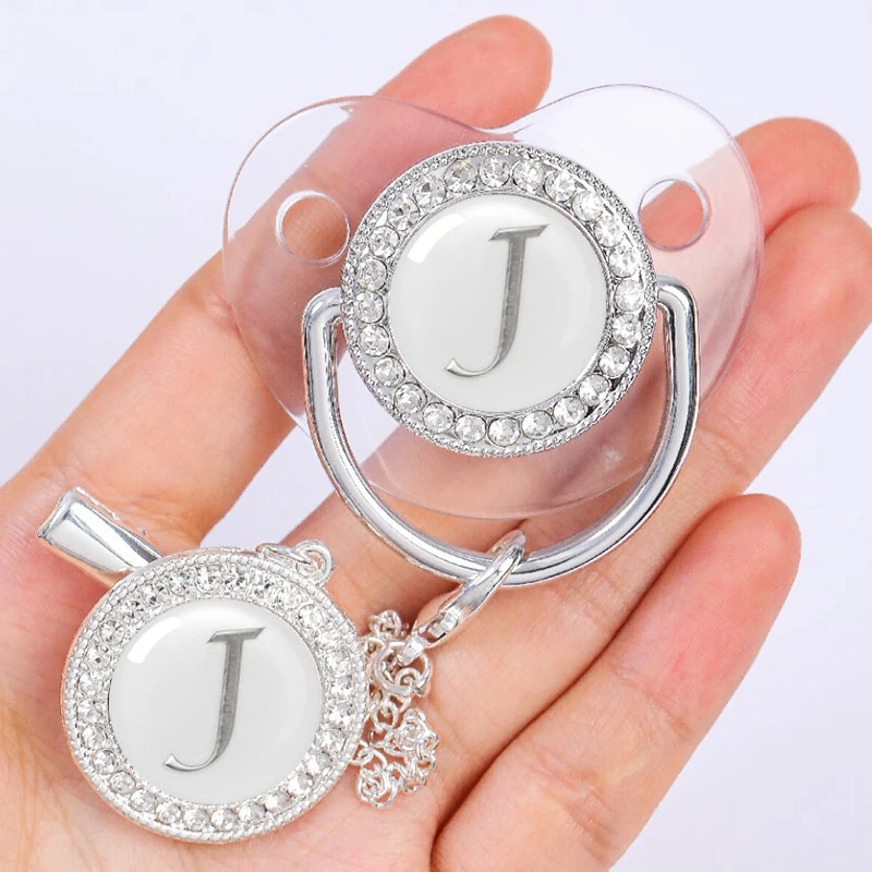 Newborn Baby Personalized Pacifier Clips Luxury Pacifiers Holder Letter Silver Bling Infant Transparent Silicone Nipple BPA Free