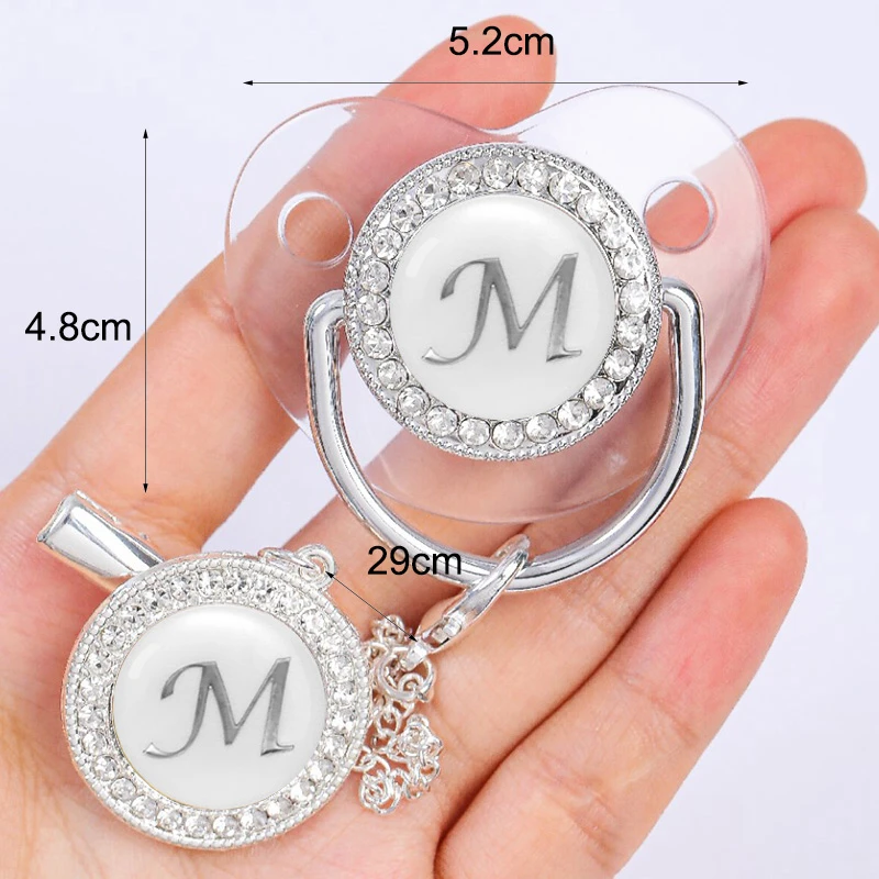 Newborn Baby Personalized Pacifier Clips Luxury Pacifiers Holder Letter Silver Bling Infant Transparent Silicone Nipple BPA Free