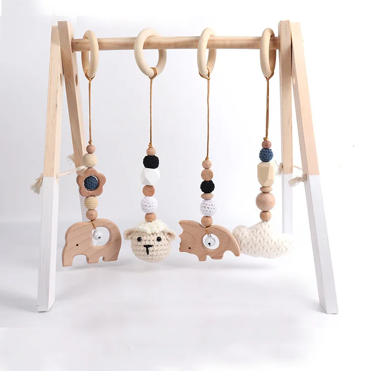 4Pcs Wooden Baby Toys Wooden Beech Activity Gym Frame Stroller Hanging Pendants Toys Teether Ring Nursing Rattle Toys Room Decor