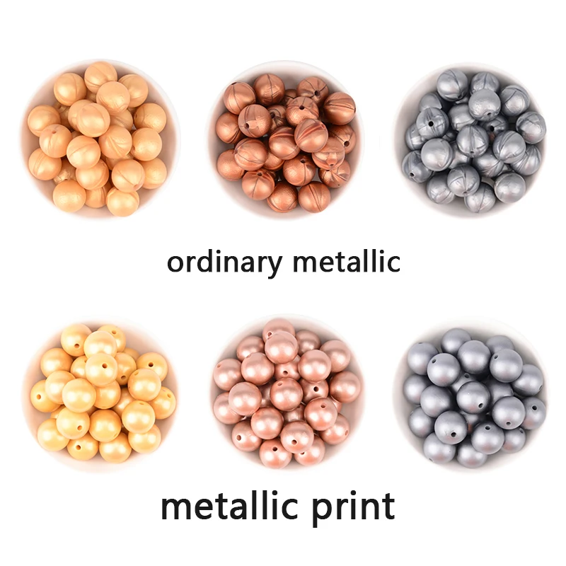 12mm/15mm 50pcs Metallic Golden Print Silicone Beads Silver Teething Beads Food Grade Silicone Chewable Teething For Infant