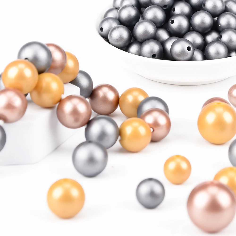12mm/15mm 50pcs Metallic Golden Print Silicone Beads Silver Teething Beads Food Grade Silicone Chewable Teething For Infant